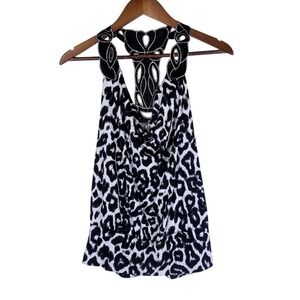Bongo Women's Black White Leopard Print Halter Neck‎ Embellished Top L VINTAGE